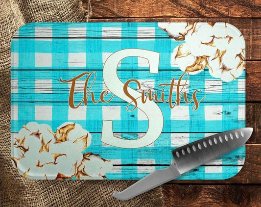 Cutting board- Turquoise gingham and cotton